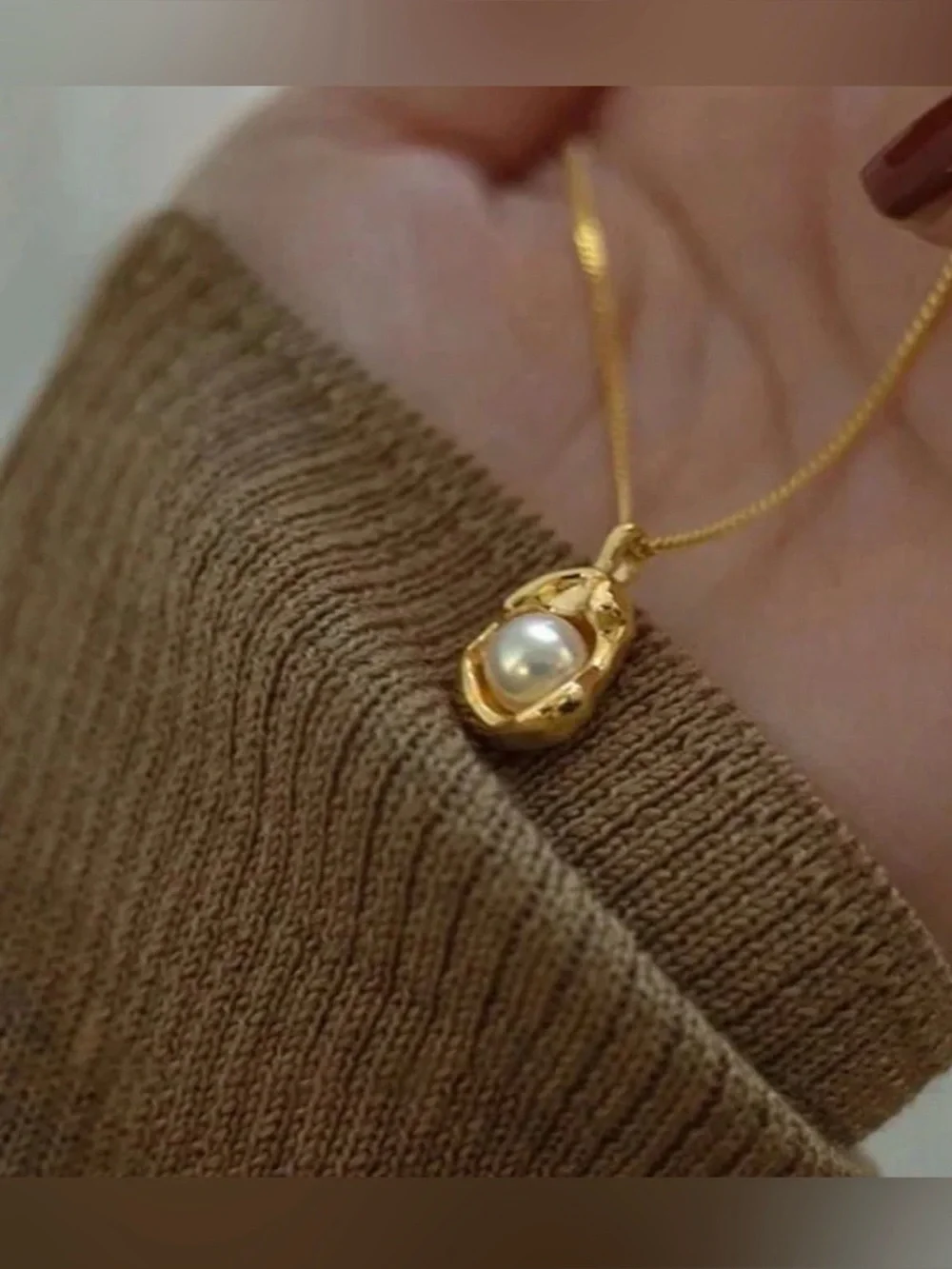 Gold Pearl Pendant Necklace Stainless Steel